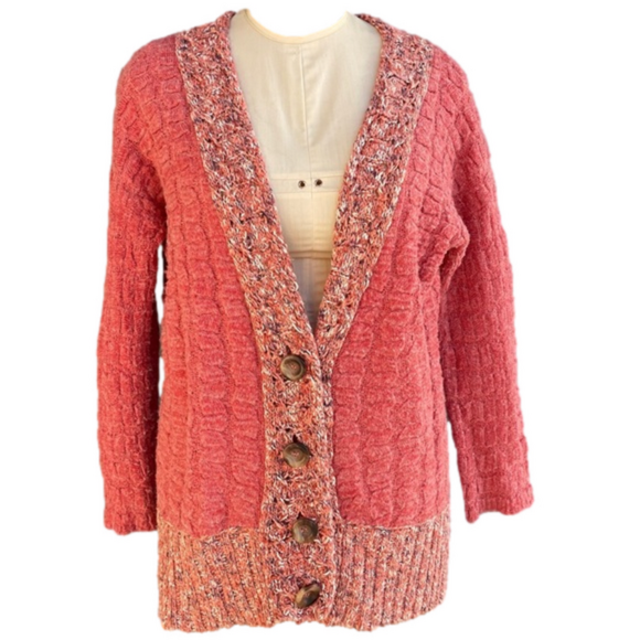 Free People Sweaters - Free People Pink sweater knit cardigan multicolored Sz Medium m fuzzy